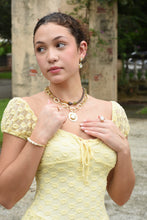 Load image into Gallery viewer, Aurelia gold-plated hammered link necklace with a round medallion and rectangular freshwater pearl center