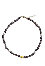 Load image into Gallery viewer, Handcrafted smoky quartz necklace with natural gemstone nuggets, freshwater pearls, and gold-plated accents.