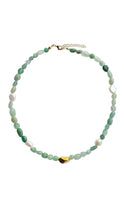 Load image into Gallery viewer, Handcrafted green aventurine necklace with natural gemstone nuggets, freshwater pearls, and gold-tone accents.