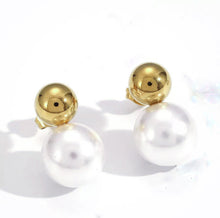 Load image into Gallery viewer, Luna gold-tone stainless steel and white pearl duo stud earrings