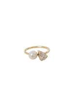 Load image into Gallery viewer, Bianca adjustable gold-plated stainless steel ring with a pearl accent and pear-cut clear crystal.