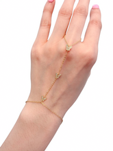 Load image into Gallery viewer, Gold hand chain bracelet with crystal butterfly accents and delicate chain