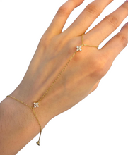 Load image into Gallery viewer, Gold hand chain bracelet with pavé crystal flower accents