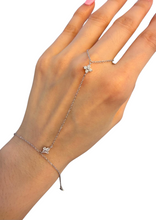 Load image into Gallery viewer, Silver hand chain bracelet with pavé crystal flower accents