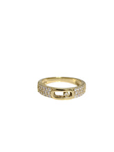 Load image into Gallery viewer, Gold-plated 925 sterling silver wide band ring with pavé moissanite stones and a round center accent.