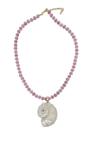 Load image into Gallery viewer, Handmade pink agate beaded necklace with freshwater pearls and mother of pearl shell pendant.