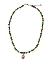 Load image into Gallery viewer, Jardin Rosé necklace with green peridot stones, pink agate accents and a pink teardrop crystal pendant