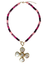Load image into Gallery viewer, Rosé necklace with pink and burgundy agate stones and a gold-plated cross featuring freshwater pearls and moonstone