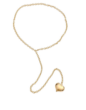 Load image into Gallery viewer, The Dualité Heart Necklace worn in lariat style, a versatile 2-way gold chain necklace