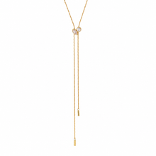 Load image into Gallery viewer, Solana gold-plated stainless steel lariat necklace with marquise and round cubic zirconia stones and adjustable sliding center.