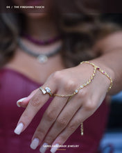 Load image into Gallery viewer, Lucia adjustable gold-plated stainless steel ring with two square-cut clear crystals and crystal band details.
