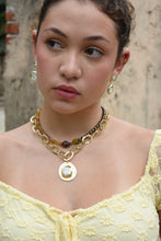 Load image into Gallery viewer, Dusk Duet asymmetrical necklace with golden-pink beads, brown freshwater pearls, baroque pearl and heart-shaped stone
