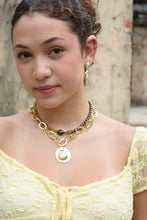 Load image into Gallery viewer, Aurelia gold-plated hammered link necklace with a round medallion and rectangular freshwater pearl center
