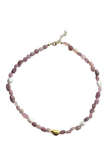 Load image into Gallery viewer, Handcrafted rose quartz necklace with natural gemstone nuggets, freshwater pearls, and gold-tone accents.
