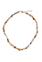 Load image into Gallery viewer, Handcrafted golden fluorite necklace with natural gemstone nuggets, freshwater pearls, and gold-plated stainless steel accents.

