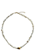 Load image into Gallery viewer, Handcrafted white chalcedony necklace with natural gemstone nuggets, freshwater pearls, and gold-plated stainless steel accents.

