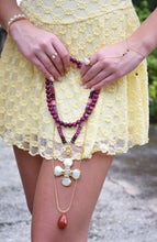 Load image into Gallery viewer, Rosalia handmade necklace with round pink agate beads in fuchsia, plum and smoky tones with an 18k gold-plated clasp.

