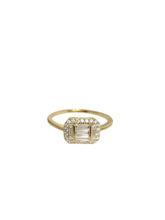 Load image into Gallery viewer, Gold-plated 925 sterling silver ring with baguette-cut moissanite arranged in a square center and framed by a round-stone halo.

