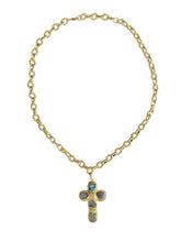 Load image into Gallery viewer, Nocturne gold-plated cross necklace with natural labradorite stones on a white background
