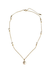 Load image into Gallery viewer, Luna gold-plated necklace with spaced faux pearls and a pearl drop pendant
