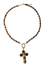 Load image into Gallery viewer, Handmade tiger-eye necklace with a 2-inch tiger-eye cross in a gold-plated setting. Adjustable from 18 to 20 inches. Limited quantity.
