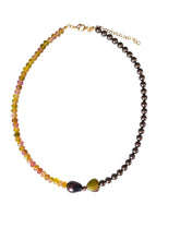 Load image into Gallery viewer, Dusk Duet asymmetrical necklace with golden-pink beads, brown freshwater pearls, baroque pearl and heart-shaped stone
