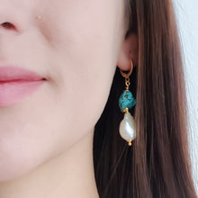 Load image into Gallery viewer, Baroque Pearl and Turquoise Hoop Earrings
