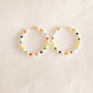 Rainbow Beads and Pearls Hoop Earrings