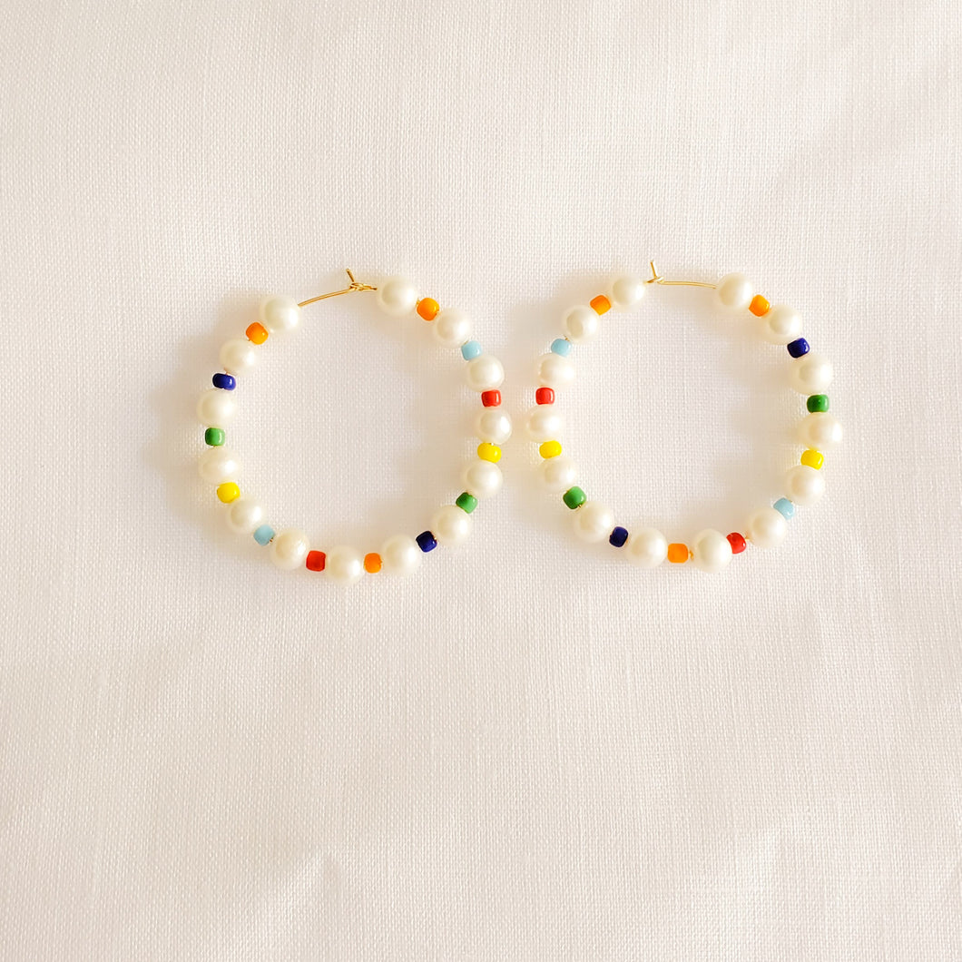 Rainbow Beads and Pearls Hoop Earrings
