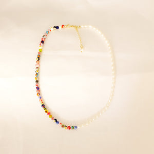 Multi-color Millefiori Glass Beads and Pearls Necklace