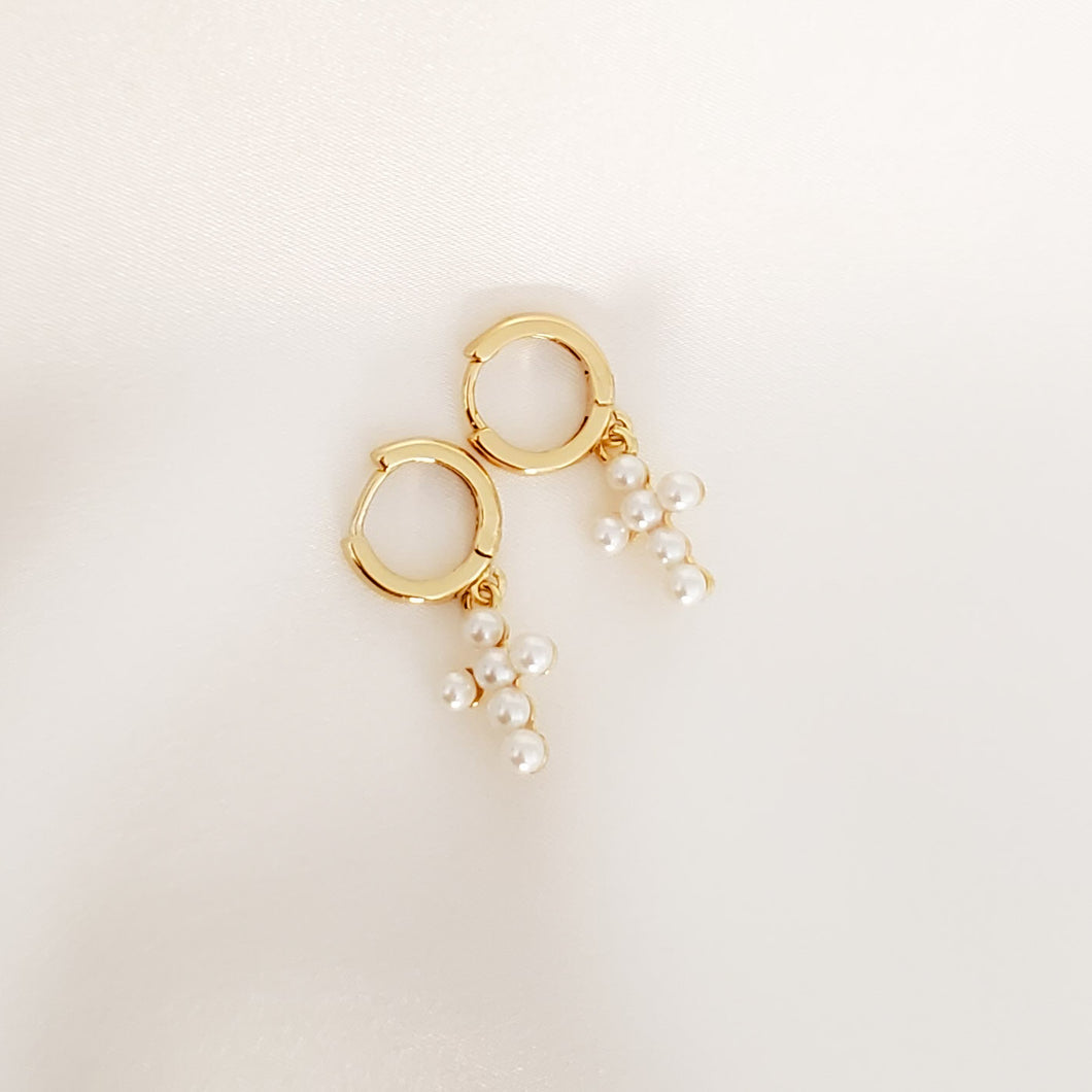 Pearl Cross Huggie Earrings