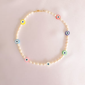 Multi Color Beads Eye and Freshwater Pearls Necklace