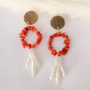 Coral Ring and Pearls Earrings