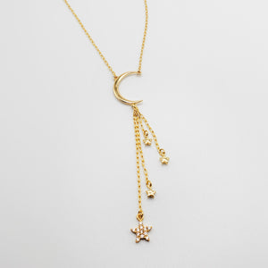 Gold Lariat Moon and Stars Necklace